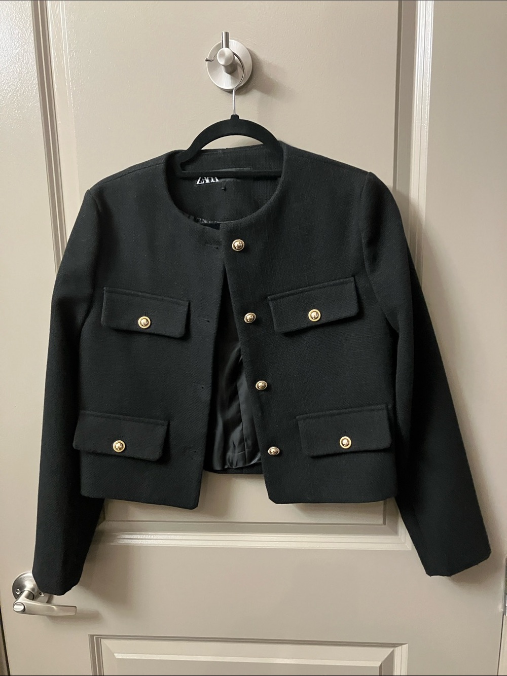 Zara Black Collarless Cropped Blazer with Gold Buttons